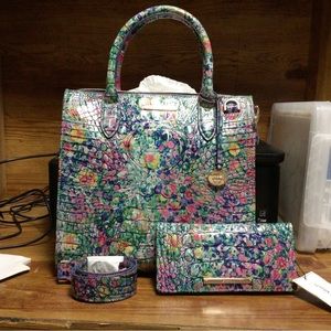 NWT BRAHMIN Large Caroline Satchel Spring Ditsy Melbourne and Ady wallet